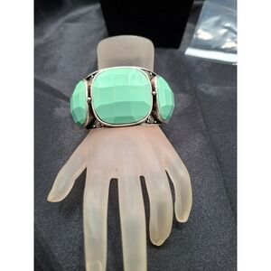 Boho Wide Silver Tone‎ Cuff Bracelet Large Faceted Mint Green Stones Statement